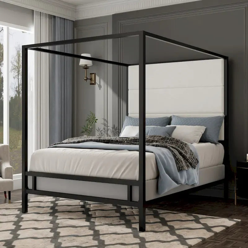 Canopy Bed with Velvet Upholstered Headboard Metal 4-Poster Bed Frame