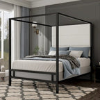 Canopy Bed with Velvet Upholstered Headboard Metal 4-Poster Bed Frame