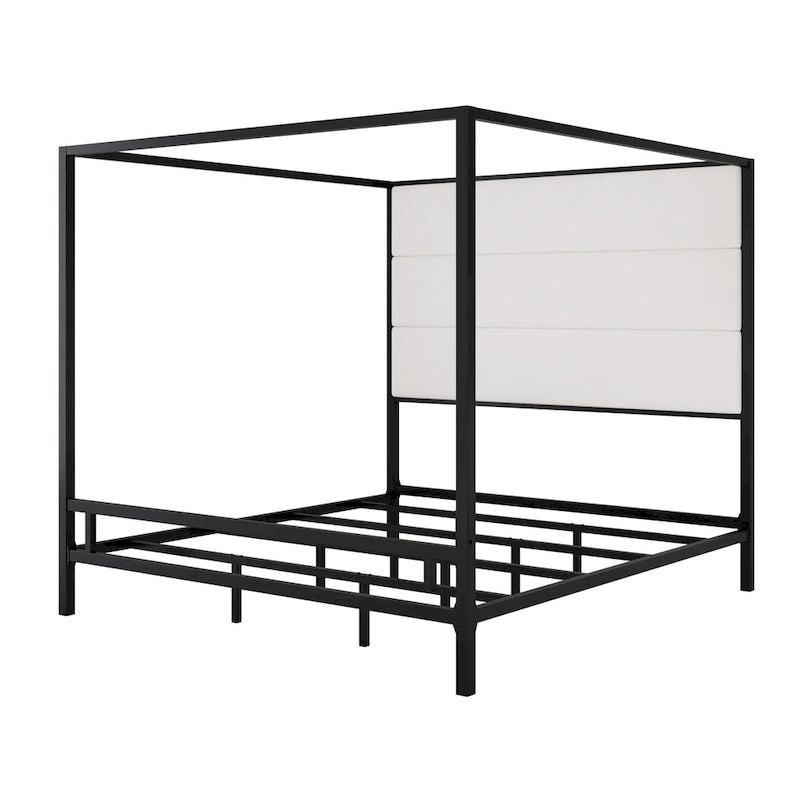 Canopy Bed with Velvet Upholstered Headboard Metal 4-Poster Bed Frame