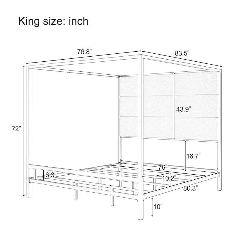 Canopy Bed with Velvet Upholstered Headboard Metal 4-Poster Bed Frame