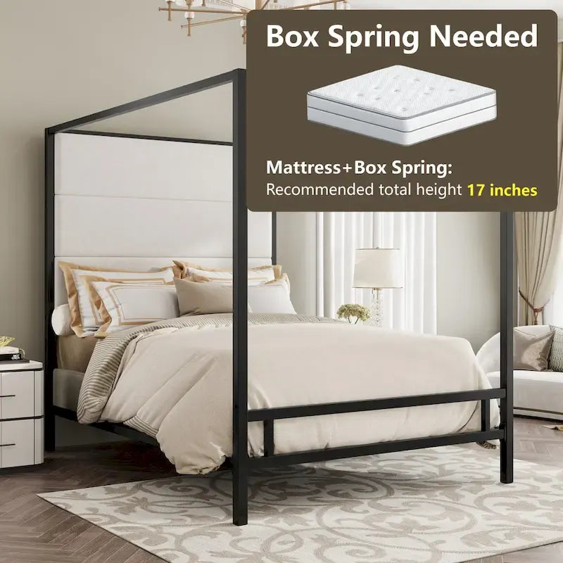 Canopy Bed with Velvet Upholstered Headboard Metal 4-Poster Bed Frame
