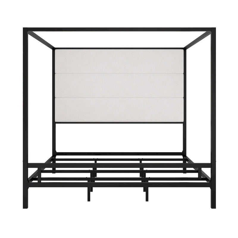 Canopy Bed with Velvet Upholstered Headboard Metal 4-Poster Bed Frame