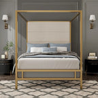 Canopy Bed with Velvet Upholstered Headboard Metal 4-Poster Bed Frame