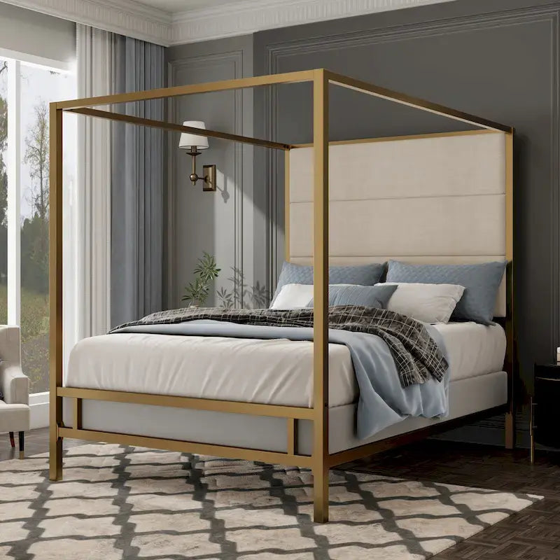 Canopy Bed with Velvet Upholstered Headboard Metal 4-Poster Bed Frame