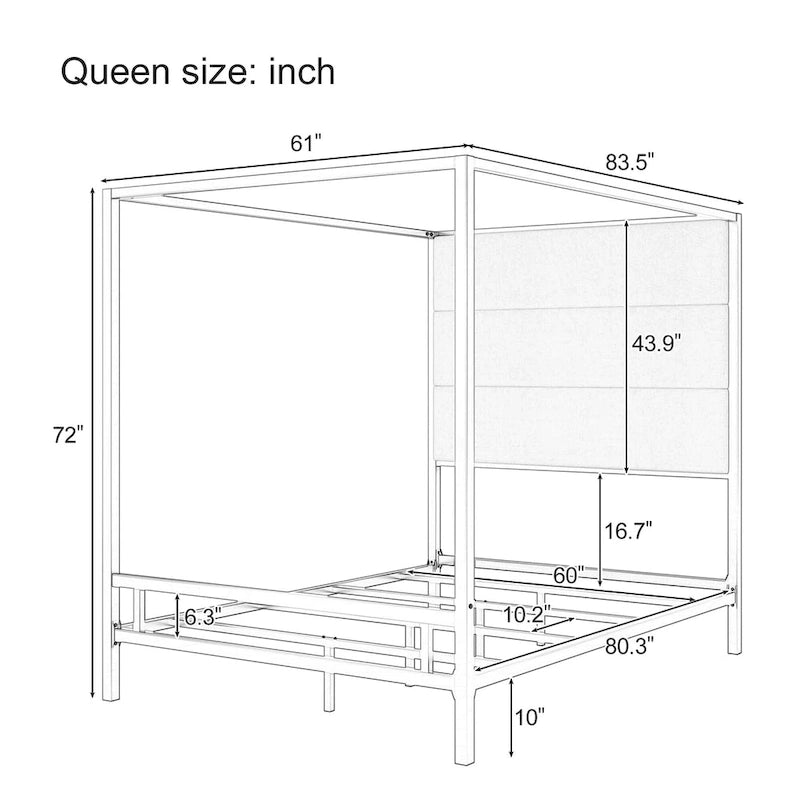 Canopy Bed with Velvet Upholstered Headboard Metal 4-Poster Bed Frame