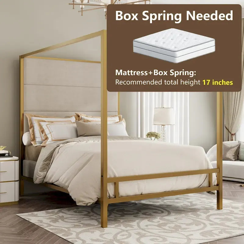 Canopy Bed with Velvet Upholstered Headboard Metal 4-Poster Bed Frame