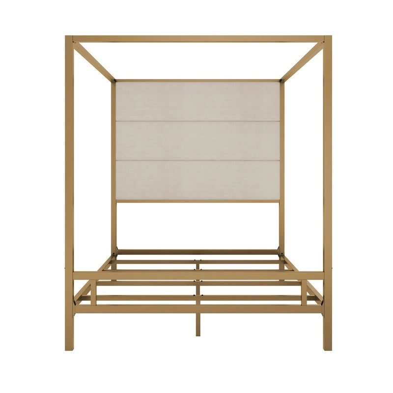 Canopy Bed with Velvet Upholstered Headboard Metal 4-Poster Bed Frame