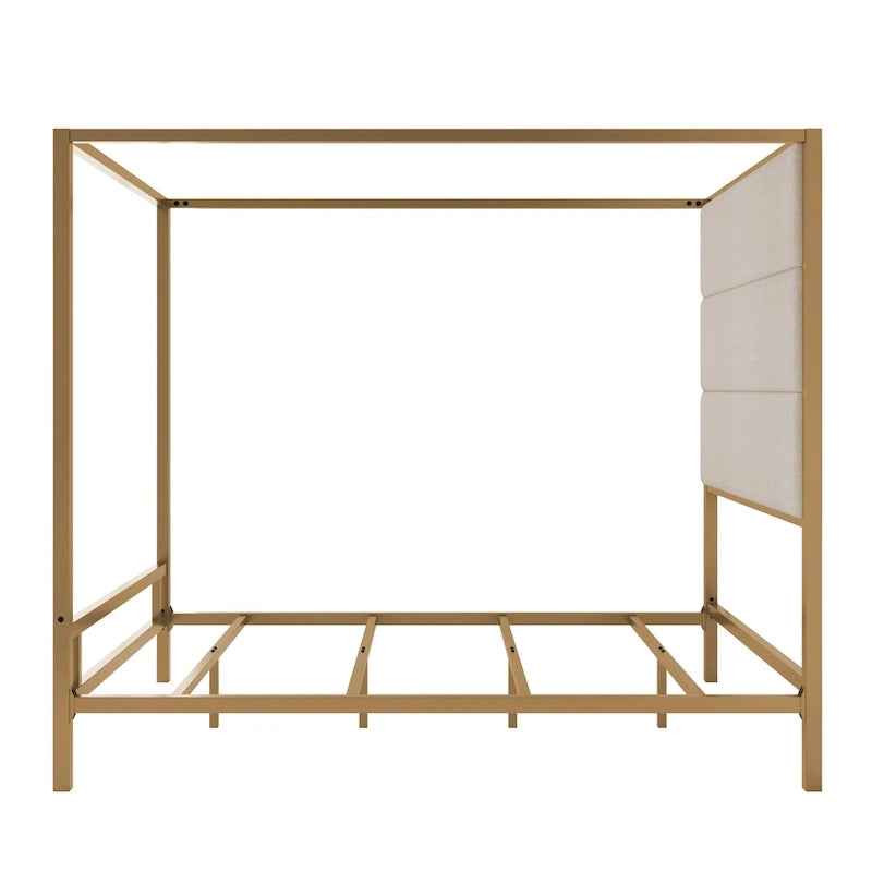 Canopy Bed with Velvet Upholstered Headboard Metal 4-Poster Bed Frame