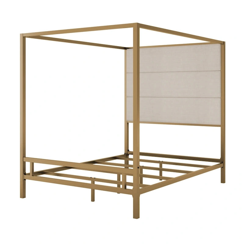 Canopy Bed with Velvet Upholstered Headboard Metal 4-Poster Bed Frame