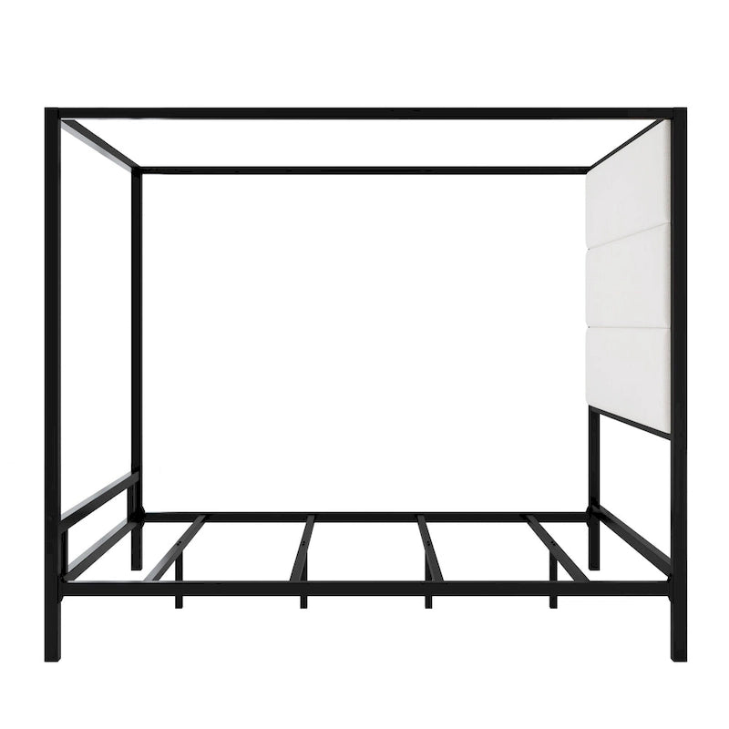Canopy Bed with Velvet Upholstered Headboard Metal 4-Poster Bed Frame