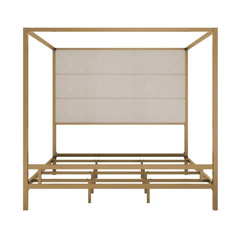 Canopy Bed with Velvet Upholstered Headboard Metal 4-Poster Bed Frame