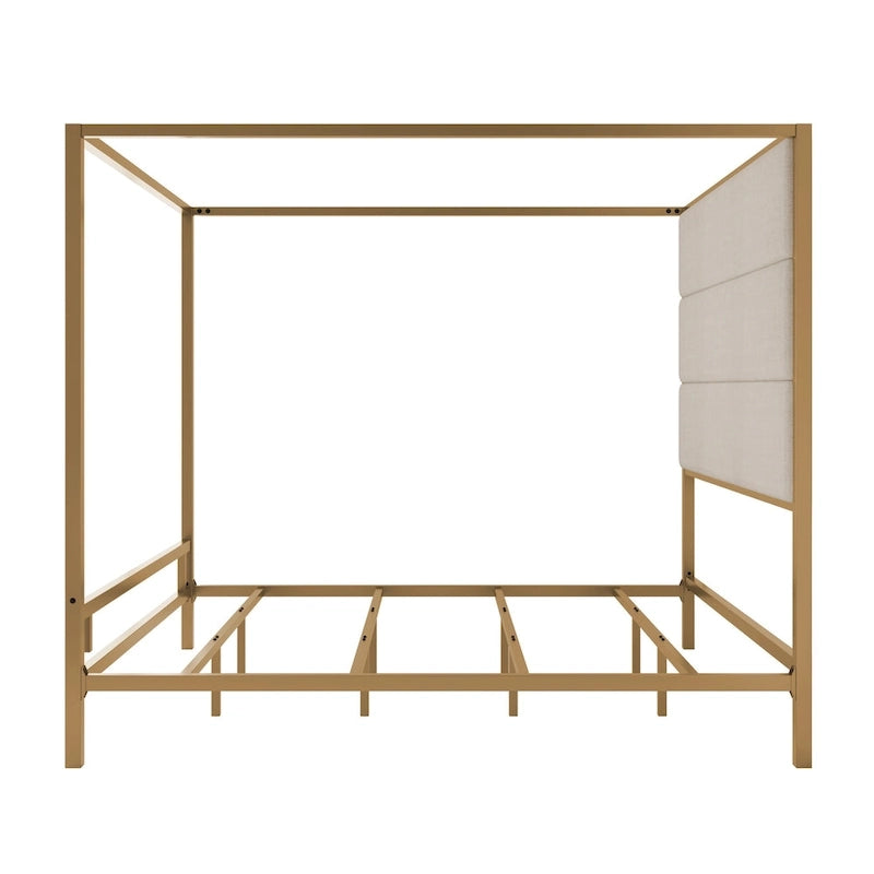 Canopy Bed with Velvet Upholstered Headboard Metal 4-Poster Bed Frame