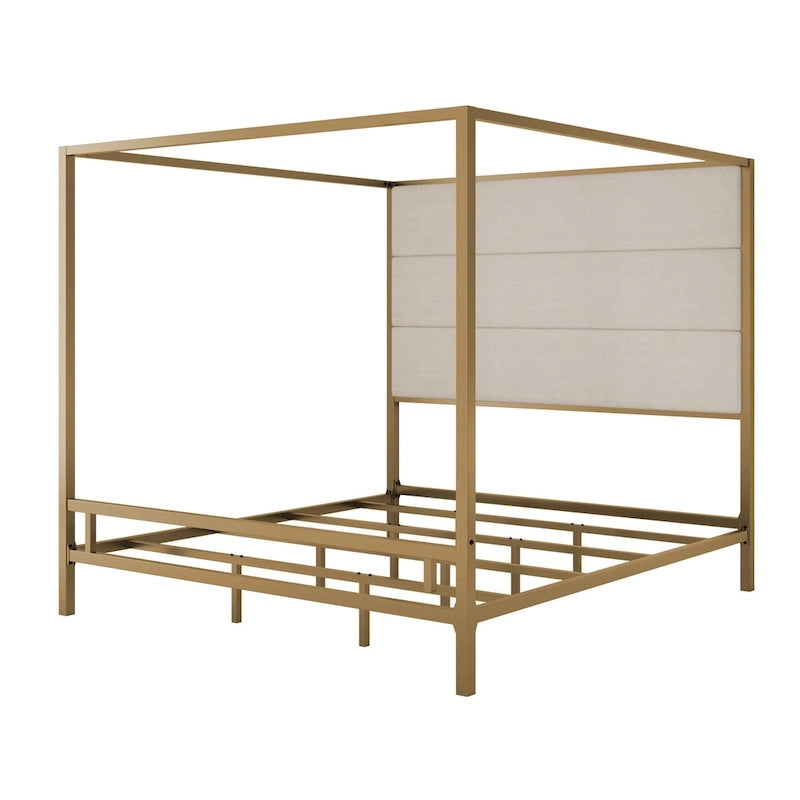 Canopy Bed with Velvet Upholstered Headboard Metal 4-Poster Bed Frame