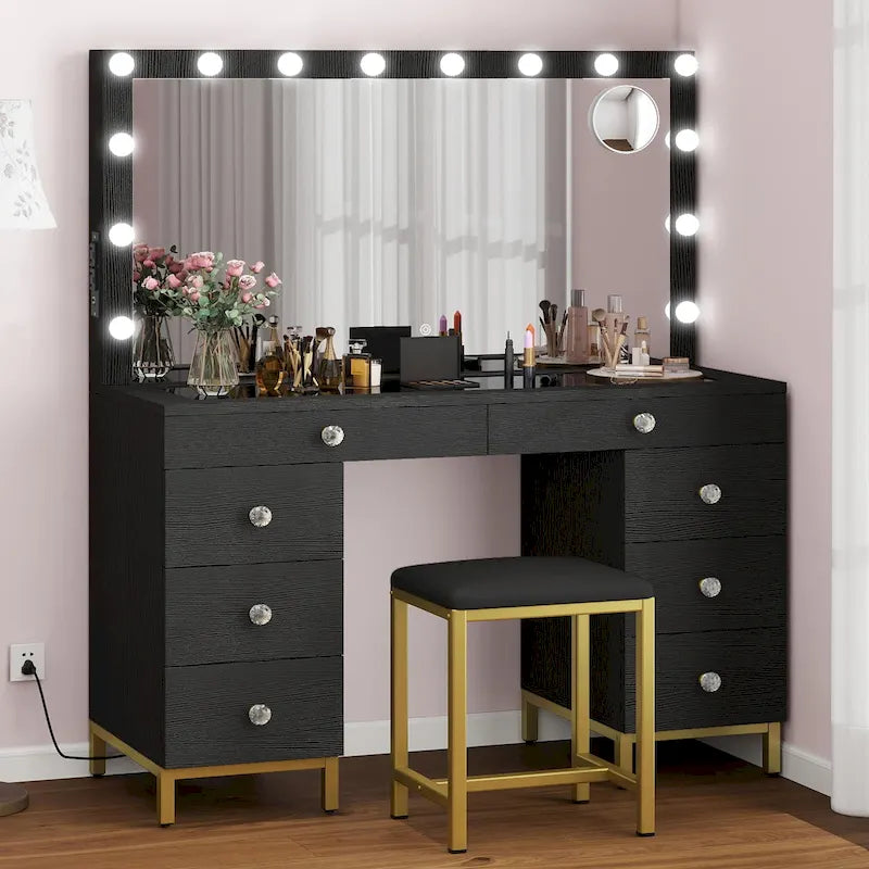 Moasis 8 Drawers Makeup Vanity Desk with Hollywood Lighted Mirror & Charging Station