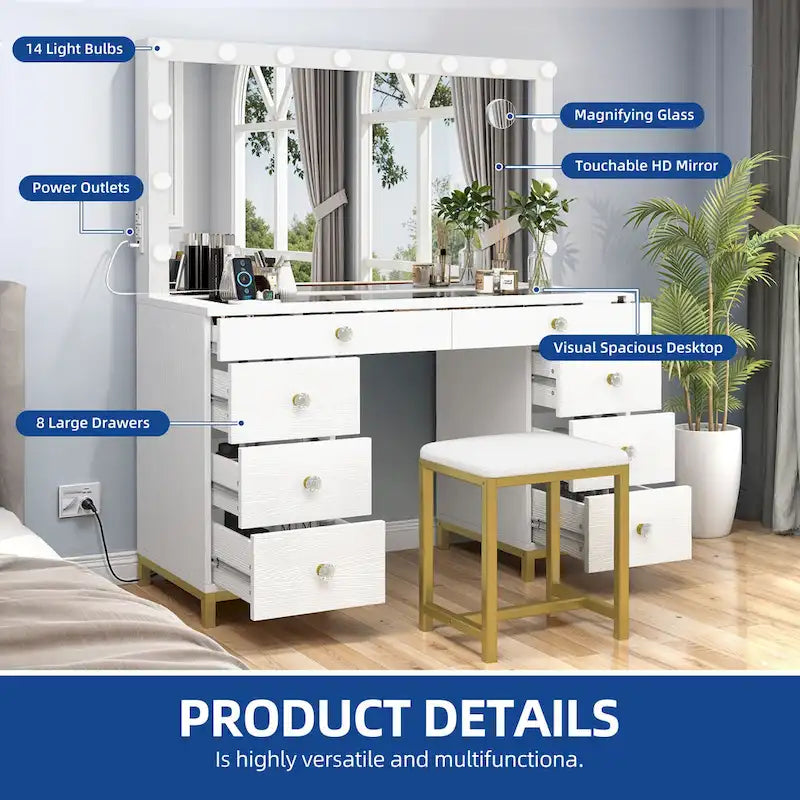 Moasis 8 Drawers Makeup Vanity Desk with Hollywood Lighted Mirror & Charging Station