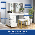 Moasis 8 Drawers Makeup Vanity Desk with Hollywood Lighted Mirror & Charging Station