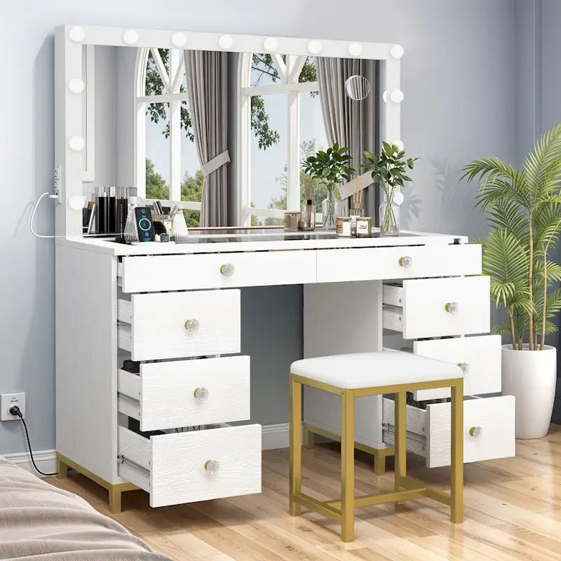 Moasis 8 Drawers Makeup Vanity Desk with Hollywood Lighted Mirror & Charging Station