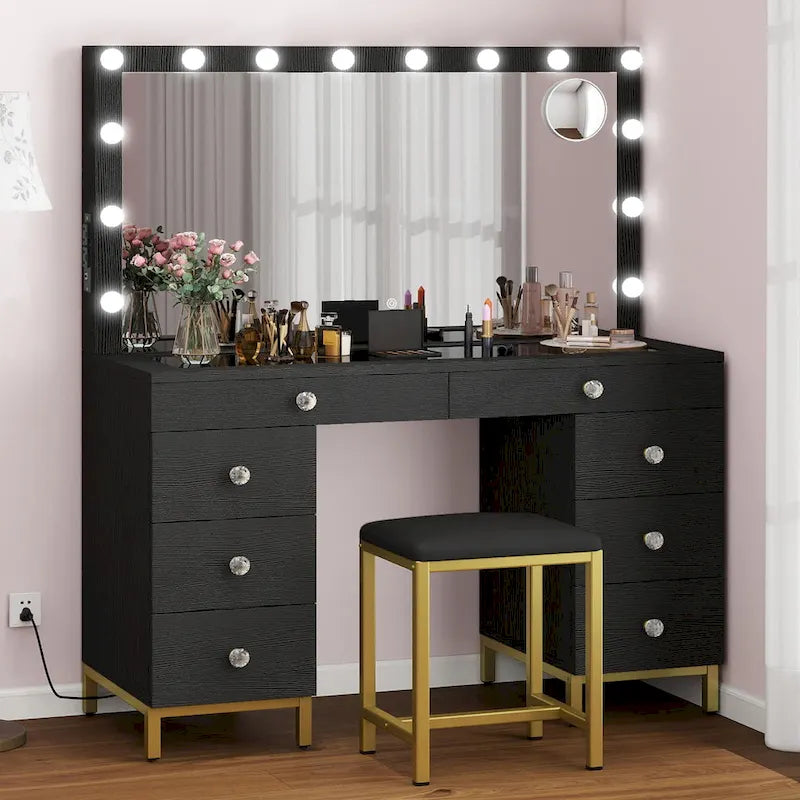 Moasis 8 Drawers Makeup Vanity Desk with Hollywood Lighted Mirror & Charging Station