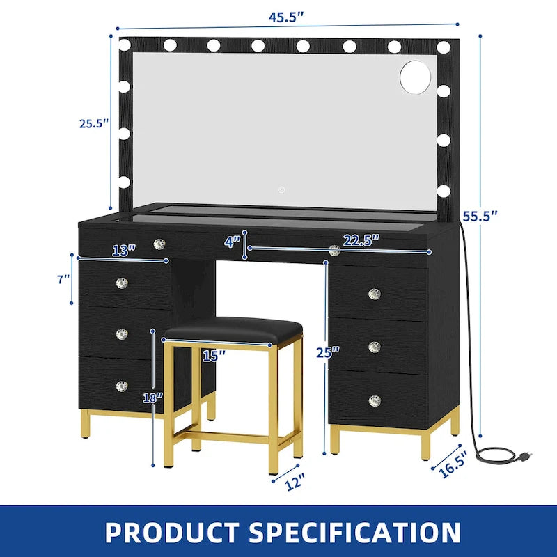 Moasis 8 Drawers Makeup Vanity Desk with Hollywood Lighted Mirror & Charging Station