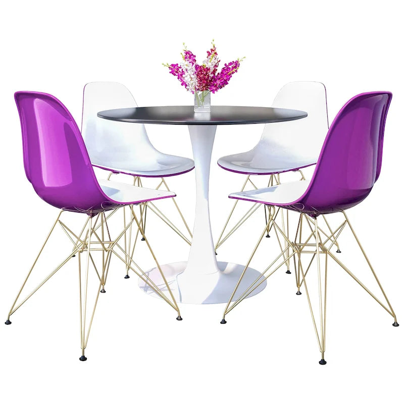 Bristol 5-Piece Dining Set 35 Round Table and 4 Plastic Chairs with Gold Base