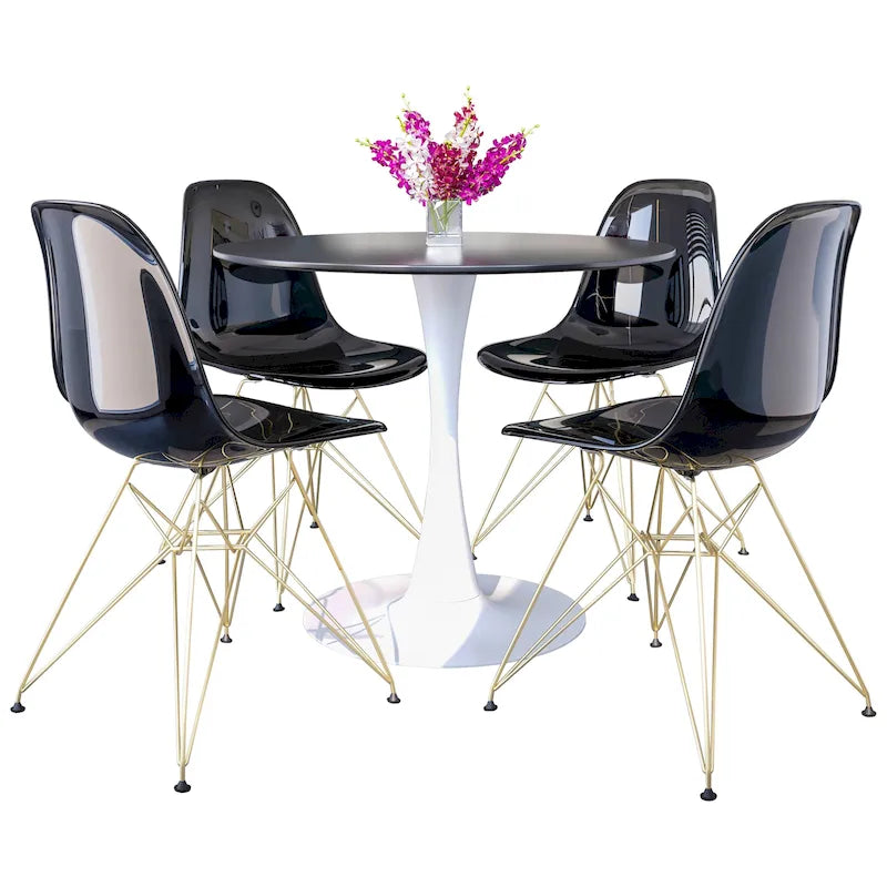 Bristol 5-Piece Dining Set 35 Round Table and 4 Plastic Chairs with Gold Base
