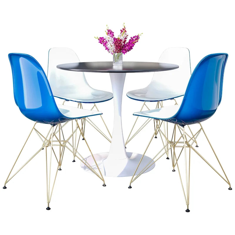 Bristol 5-Piece Dining Set 35 Round Table and 4 Plastic Chairs with Gold Base