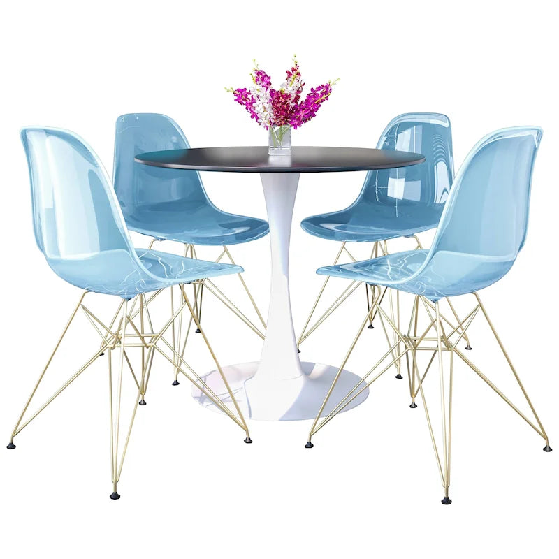 Bristol 5-Piece Dining Set 35 Round Table and 4 Plastic Chairs with Gold Base