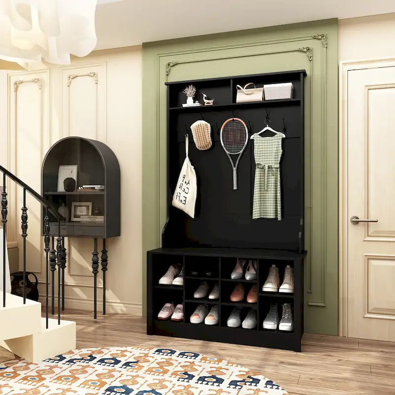 68.5inch Coat Rack Shoe Bench 4 in 1 Hall Tree Entryway Storage Bench
