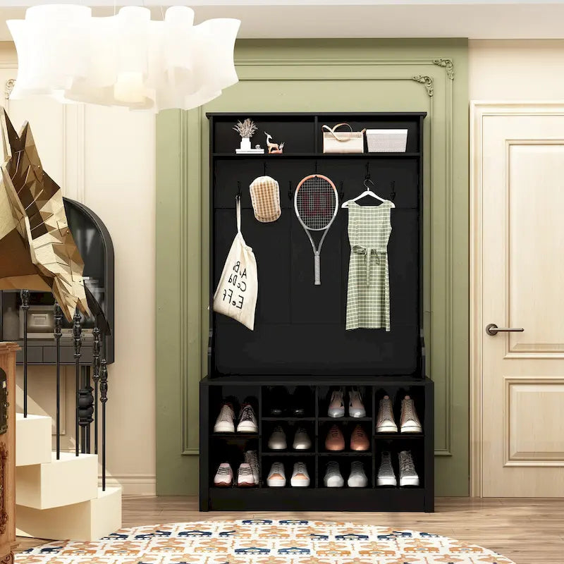 68.5inch Coat Rack Shoe Bench 4 in 1 Hall Tree Entryway Storage Bench
