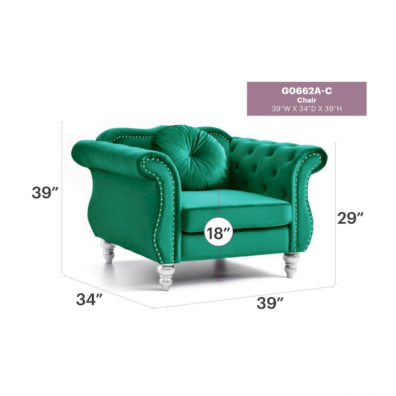 Hollywood Chesterfield Tufted Velvet Accent Chair with Round Throw Pillow - 39L x 35W x 34H