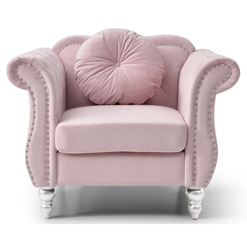 Hollywood Chesterfield Tufted Velvet Accent Chair with Round Throw Pillow - 39L x 35W x 34H
