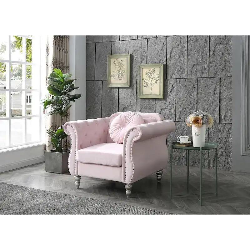 Hollywood Chesterfield Tufted Velvet Accent Chair with Round Throw Pillow - 39L x 35W x 34H