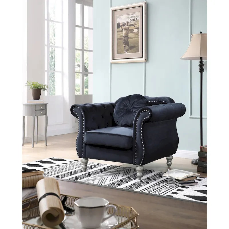 Hollywood Chesterfield Tufted Velvet Accent Chair with Round Throw Pillow - 39L x 35W x 34H