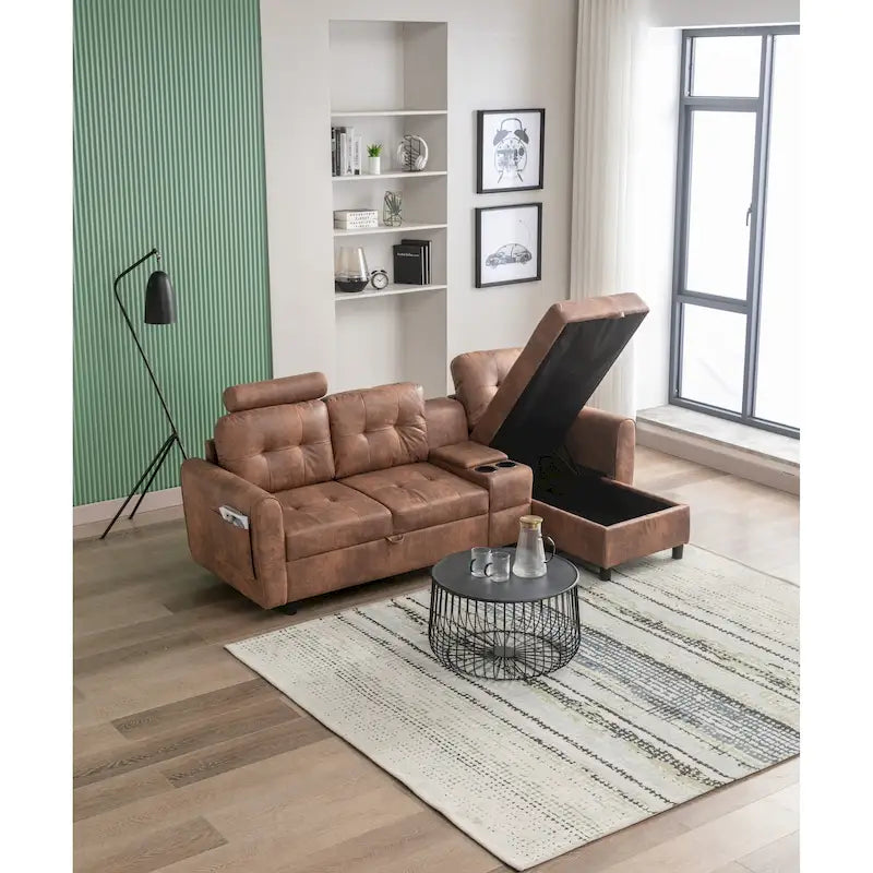 HOMEFUN Velvet/PU/Fabric Upholstered Tufted L-Shape Sectional Storage Convertible Sofa