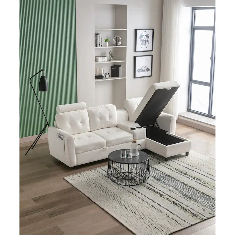HOMEFUN Velvet/PU/Fabric Upholstered Tufted L-Shape Sectional Storage Convertible Sofa