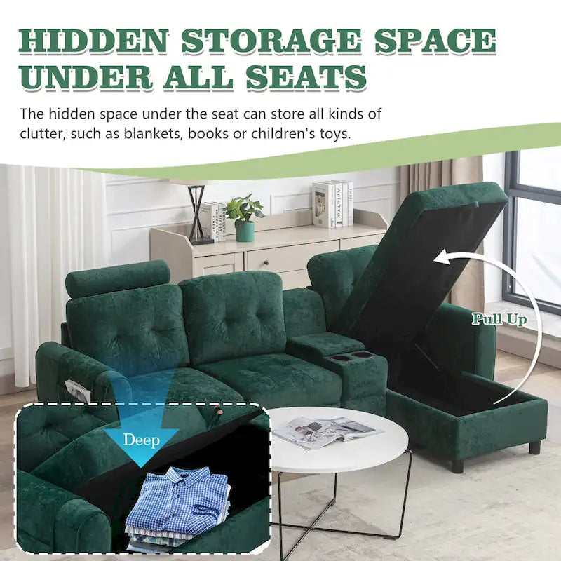 HOMEFUN Velvet/PU/Fabric Upholstered Tufted L-Shape Sectional Storage Convertible Sofa