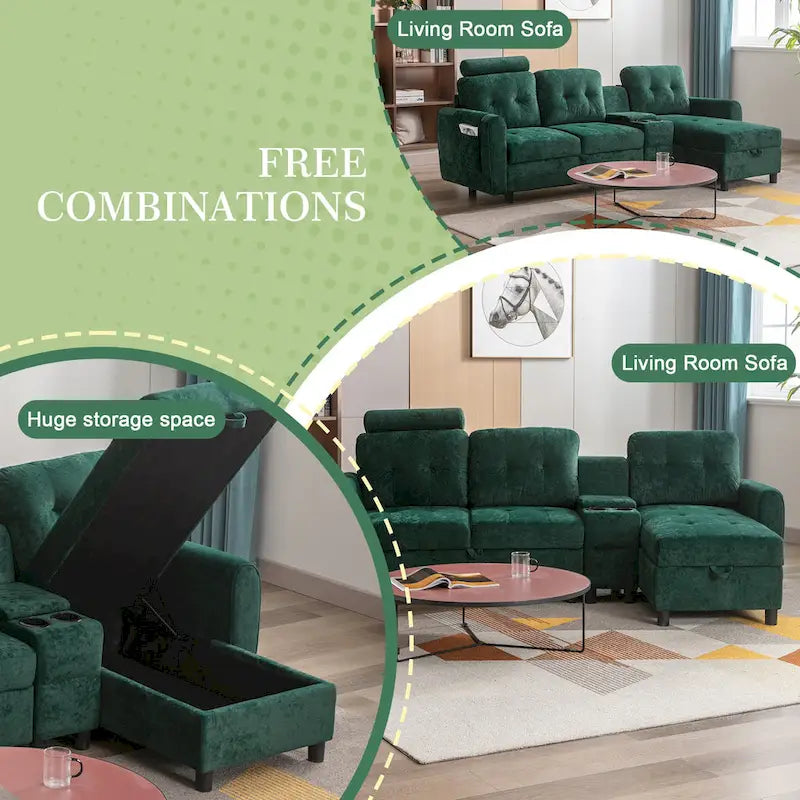 HOMEFUN Velvet/PU/Fabric Upholstered Tufted L-Shape Sectional Storage Convertible Sofa