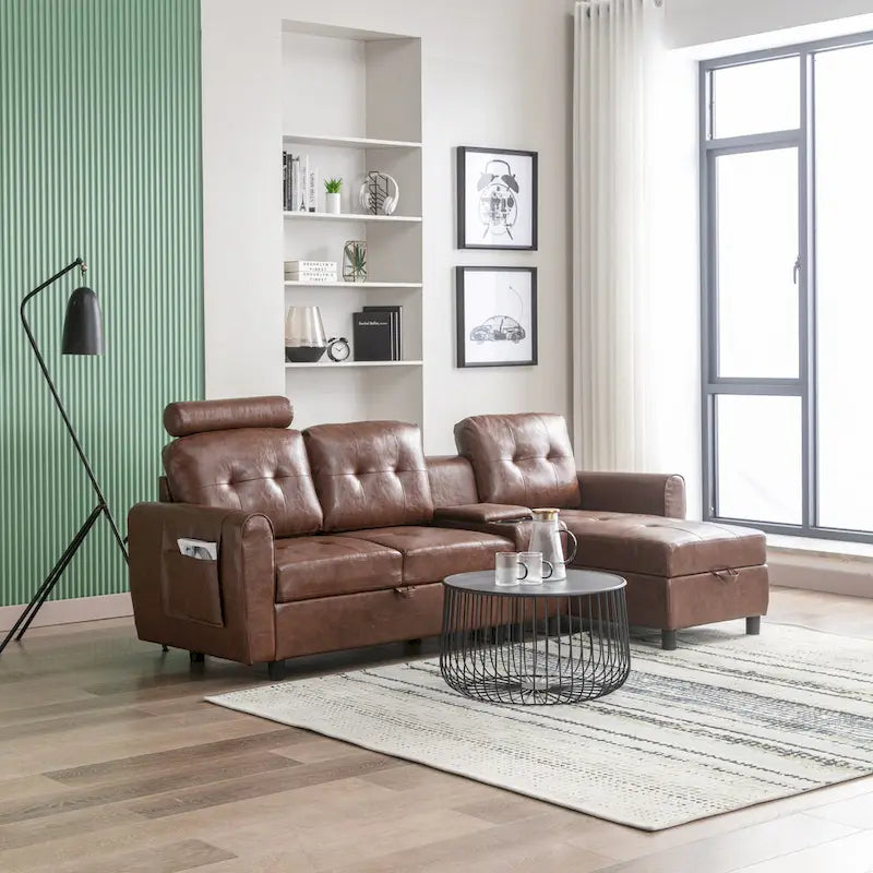 HOMEFUN Velvet/PU/Fabric Upholstered Tufted L-Shape Sectional Storage Convertible Sofa