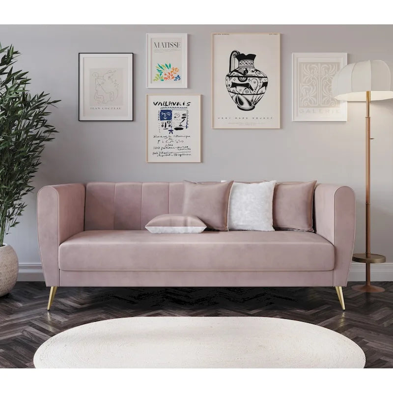 Scarlett Velvet Flared Arm 3-Seater Sofa with 4 Throw Pillow