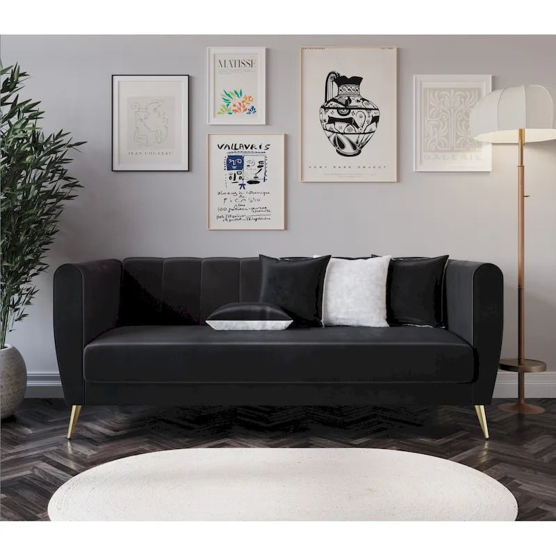 Scarlett Velvet Flared Arm 3-Seater Sofa with 4 Throw Pillow