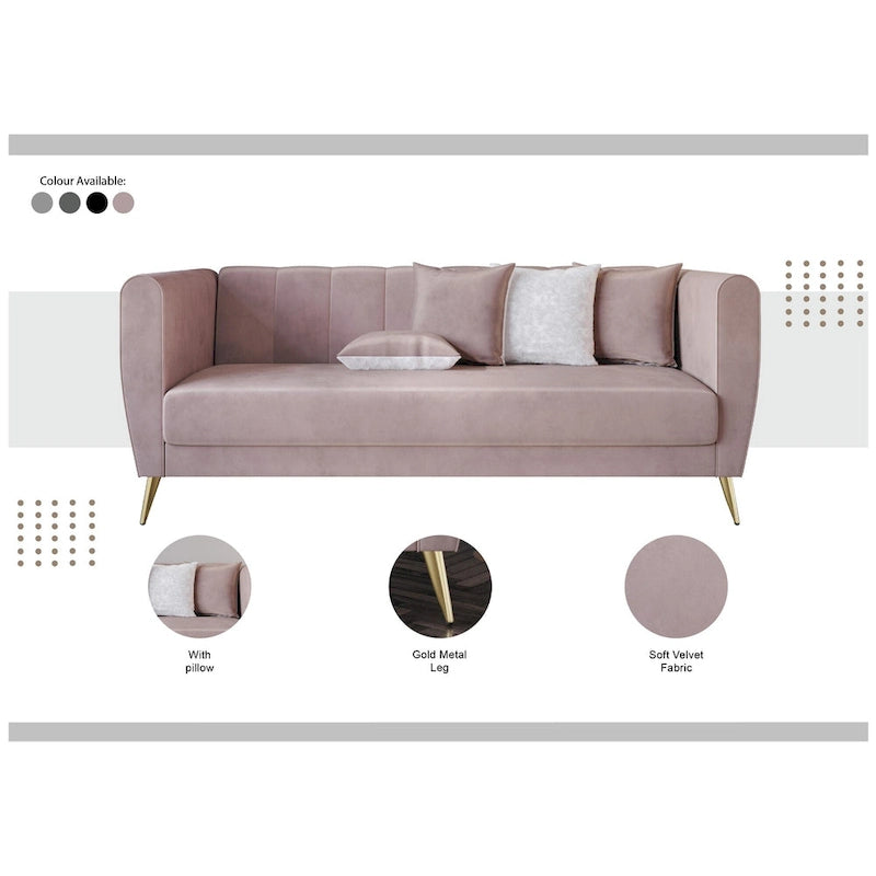 Scarlett Velvet Flared Arm 3-Seater Sofa with 4 Throw Pillow