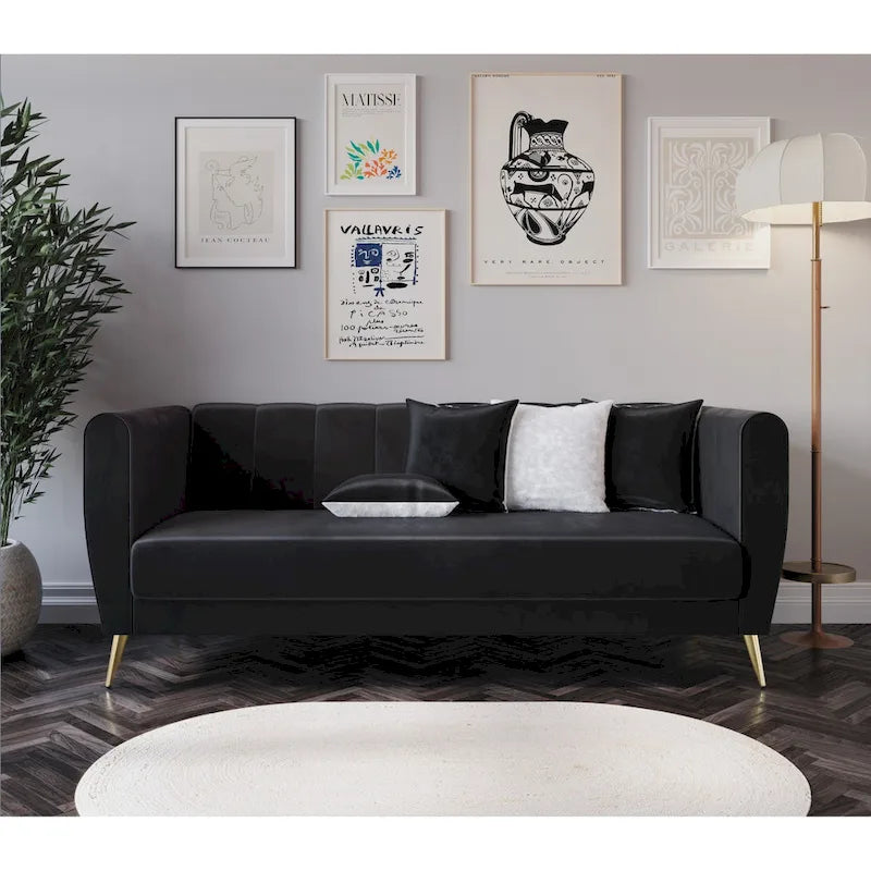 Scarlett Velvet Flared Arm 3-Seater Sofa with 4 Throw Pillow