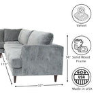 Coast to Coast Sofas Contemporary L Shaped Sectional Sofa Velvet Solid Wood Frame Upholstered