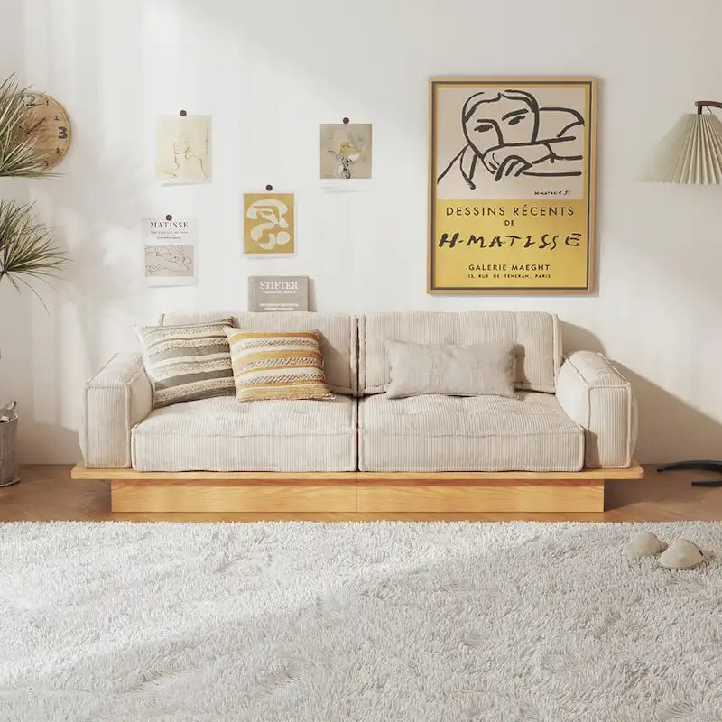JASIWAY Corduroy Beige Sofa With Wood Frame