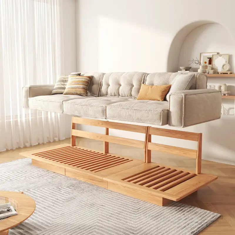 JASIWAY Corduroy Beige Sofa With Wood Frame