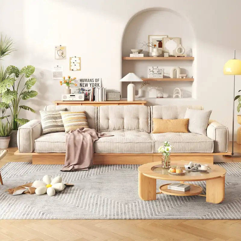 JASIWAY Corduroy Beige Sofa With Wood Frame
