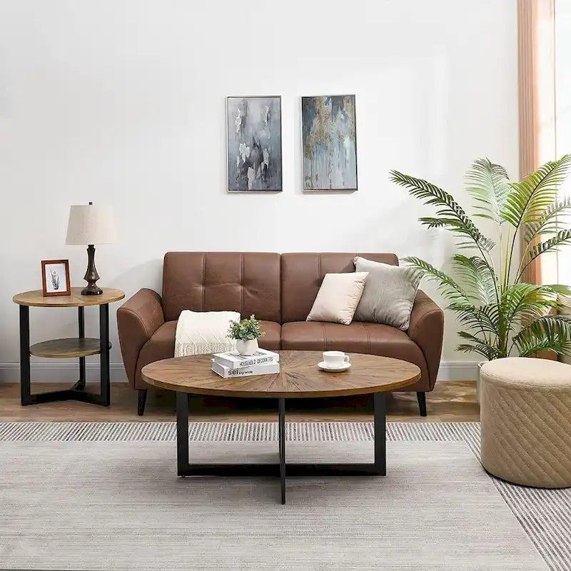 Solid Wood Contemporary Oval Coffee Table with Cross Metal Legs