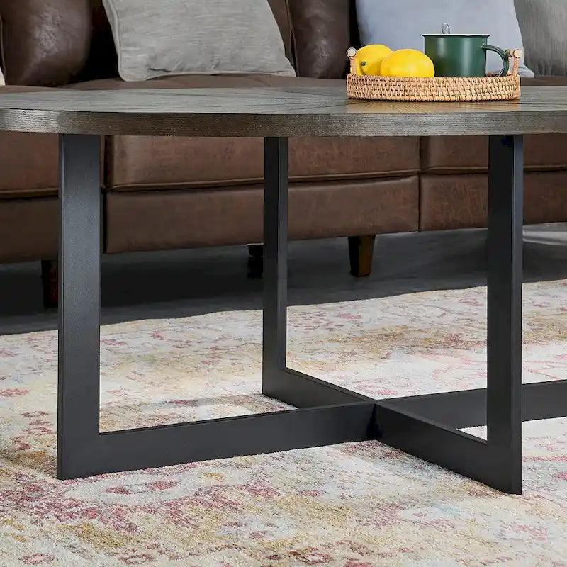 Solid Wood Contemporary Oval Coffee Table with Cross Metal Legs