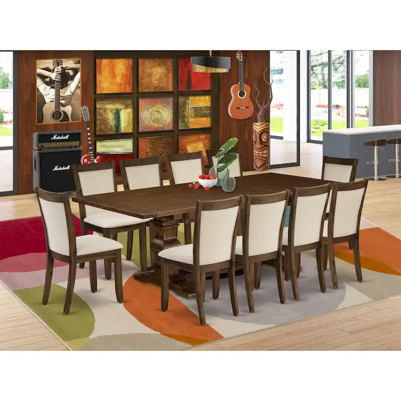 East West Furniture Dining Table Set- a Wooden Table and Light Beige Linen Fabric Chairs,(Pieces Options)