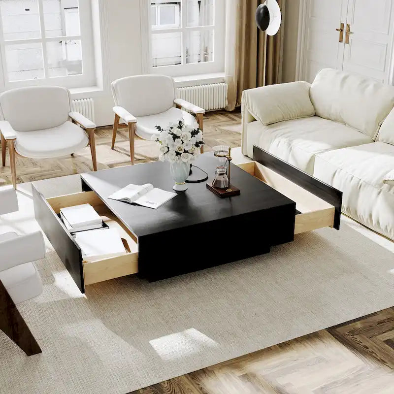 Mid Century Modern Coffee TableMinimalist Wood Veneer Coffee Table with Storage for Living Room, Fully-assembled